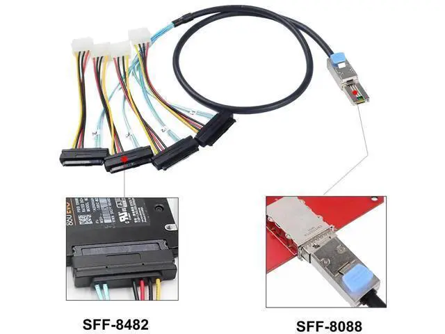 Alt view image 3 of 6 - 2 Pack Mini SAS SFF-8088 26Pin to 4 x SFF-8482 29Pin Breakout Cable 1M(3.3FT), External Mini SAS with Integrated Power Wire for SAS SATA HDD SSD RAID Storage
