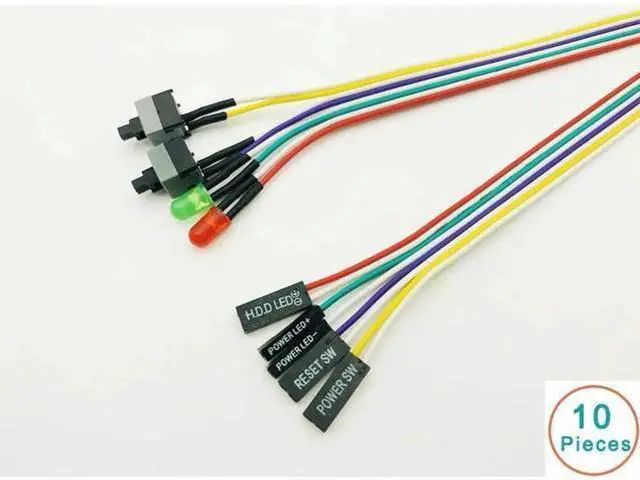 Main image of 10 Pack PC Front Panel Cables, Power Switch + Reset + HDD LED Wires, 66cm Length for Desktop PCs, BTC Mining Rigs & Antminer Devices