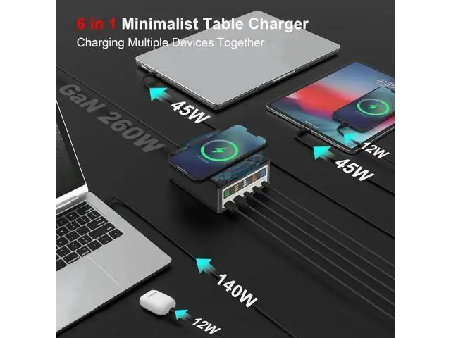 Alt view image 3 of 7 - 260W Multi-Device Charging Station with Wireless Charger, 5-Port USB Fast Charging Hub, Portable USB-C Desktop Power Adapter for iPhone, iPad, Tablets & Smartphones, Ideal for Home & Office Use