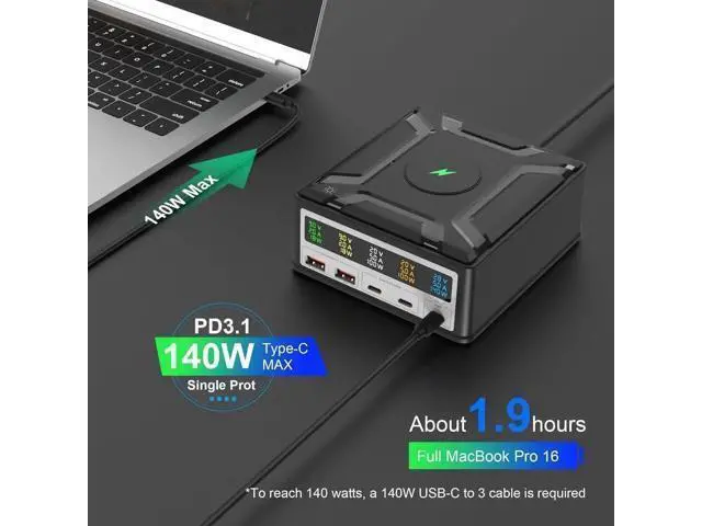 Alt view image 4 of 7 - 260W Multi-Device Charging Station with Wireless Charger, 5-Port USB Fast Charging Hub, Portable USB-C Desktop Power Adapter for iPhone, iPad, Tablets & Smartphones, Ideal for Home & Office Use