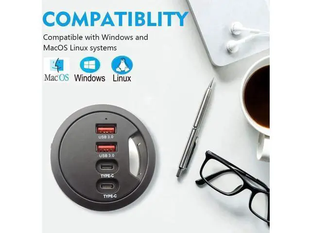 Alt view image 3 of 7 - 60mm 2.36 Inch Grommet Mount USB 3.0 Desk Hub, 2 USB-A + 2 USB-C Ports for Data & Charging, Table Cable Hole USB Splitter with 5V/2A Power Adapter for Office & Gaming Desks