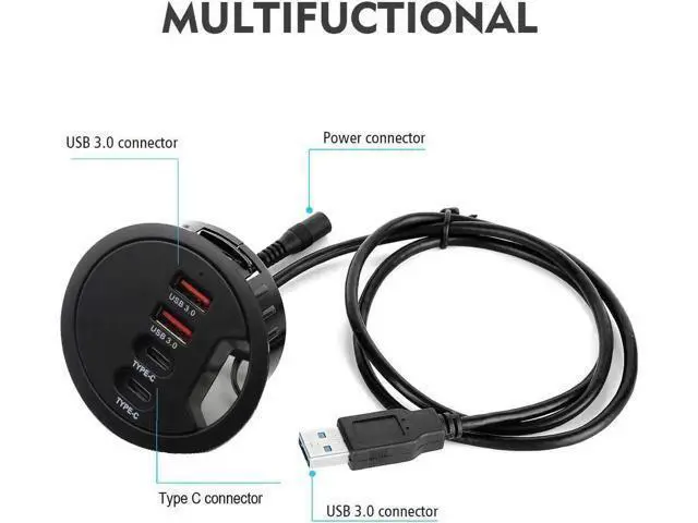 Alt view image 4 of 7 - 60mm 2.36 Inch Grommet Mount USB 3.0 Desk Hub, 2 USB-A + 2 USB-C Ports for Data & Charging, Table Cable Hole USB Splitter with 5V/2A Power Adapter for Office & Gaming Desks