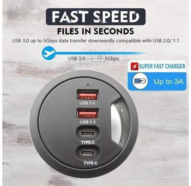 Alt view image 2 of 7 - 60mm 2.36 Inch Grommet Mount USB 3.0 Desk Hub, 2 USB-A + 2 USB-C Ports for Data & Charging, Table Cable Hole USB Splitter with 5V/2A Power Adapter for Office & Gaming Desks