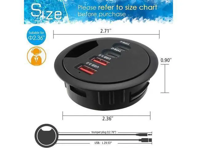 Alt view image 6 of 7 - 60mm 2.36 Inch Grommet Mount USB 3.0 Desk Hub, 2 USB-A + 2 USB-C Ports for Data & Charging, Table Cable Hole USB Splitter with 5V/2A Power Adapter for Office & Gaming Desks