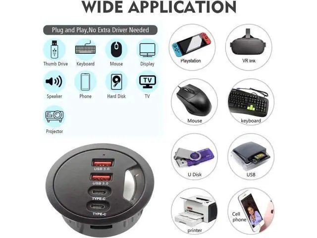 Alt view image 7 of 7 - 60mm 2.36 Inch Grommet Mount USB 3.0 Desk Hub, 2 USB-A + 2 USB-C Ports for Data & Charging, Table Cable Hole USB Splitter with 5V/2A Power Adapter for Office & Gaming Desks