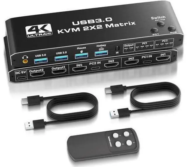 Main image of 2 Computers Dual Monitor USB 3.0 KVM Switch, 4 In 2 Out HDMI Matrix 4K@60Hz HDCP2.3, Hotkey & Remote Control Supported