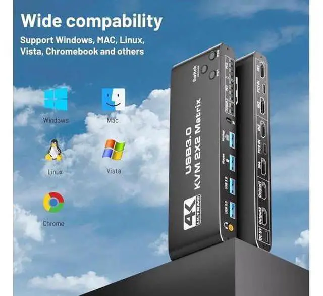 Alt view image 5 of 7 - 2 Computers Dual Monitor USB 3.0 KVM Switch, 4 In 2 Out HDMI Matrix 4K@60Hz HDCP2.3, Hotkey & Remote Control Supported