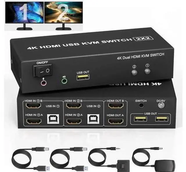 Main image of 2x2 Dual Monitor HDMI KVM Switch 4K@60Hz, 2 Port KVM Switcher with Audio Mic & 3 USB Ports, Support Extended & Mirror Mode for 2 PCs Share Two Displays