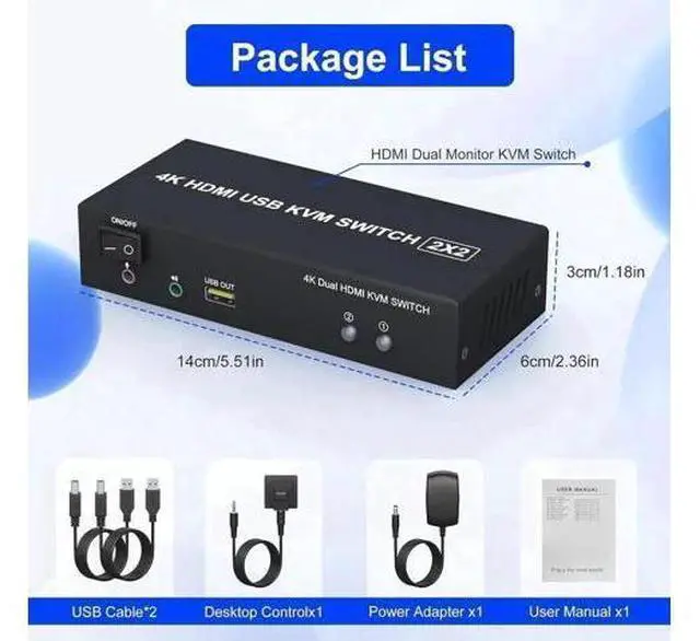 Alt view image 5 of 7 - 2x2 Dual Monitor HDMI KVM Switch 4K@60Hz, 2 Port KVM Switcher with Audio Mic & 3 USB Ports, Support Extended & Mirror Mode for 2 PCs Share Two Displays