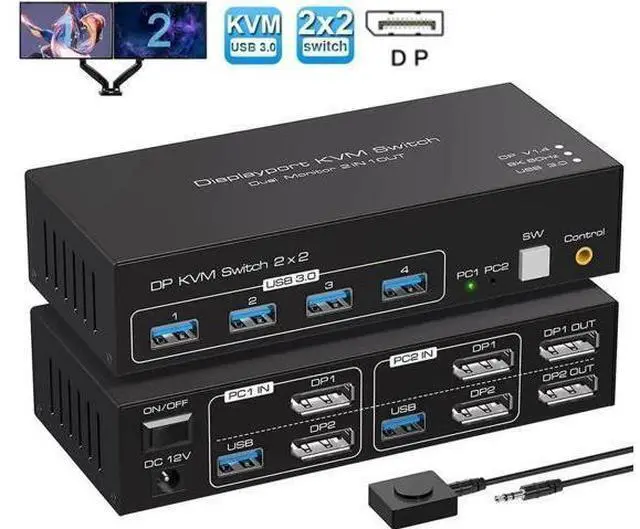Main image of 2 Port DP1.4 Dual Monitor USB3.0 KVM Switch, 8K@60Hz/4K@120Hz, 4 USB3.0 Ports & Desktop Controller for 2 PCs