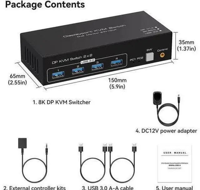 Alt view image 7 of 7 - 2 Port DP1.4 Dual Monitor USB3.0 KVM Switch, 8K@60Hz/4K@120Hz, 4 USB3.0 Ports & Desktop Controller for 2 PCs
