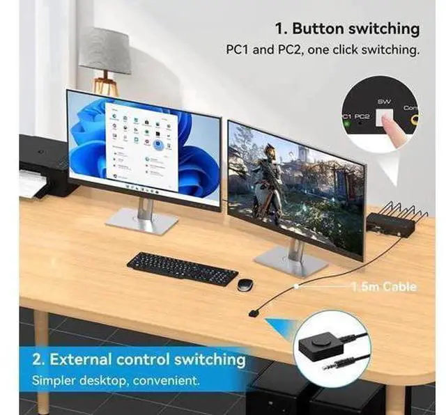 Alt view image 4 of 7 - 2 Port DP1.4 Dual Monitor USB3.0 KVM Switch, 8K@60Hz/4K@120Hz, 4 USB3.0 Ports & Desktop Controller for 2 PCs