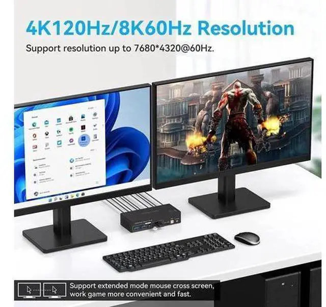 Alt view image 6 of 7 - 2 Port 2x2 Dual Monitor HDMI KVM Switch 8K@60Hz 4K@120Hz, USB 3.0 KVM Switcher with 4 USB 3.0 Ports, Mirror & Extended Display, Desktop Controller Included