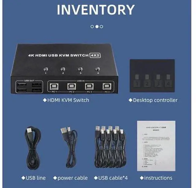 Alt view image 4 of 6 - 4-Port 4×2 Dual Monitor HDMI USB KVM Switch 4K@60Hz, 4 In 2 Out for 4 PCs Share 2 Monitors & Peripherals