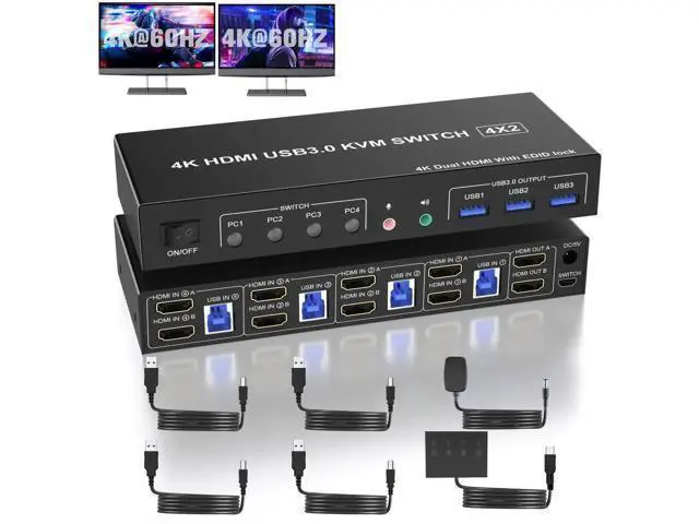 Main image of 4 Port Dual Monitor HDMI KVM Switch 4K@60Hz EDID Adaptive, 4 PCs Share 2 Screens, 3 USB 3.0 & Audio Mic Port