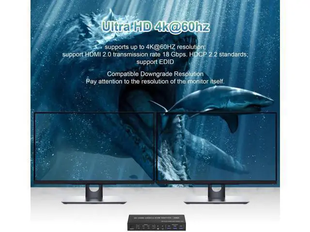 Alt view image 4 of 7 - 4 Port Dual Monitor HDMI KVM Switch 4K@60Hz EDID Adaptive, 4 PCs Share 2 Screens, 3 USB 3.0 & Audio Mic Port