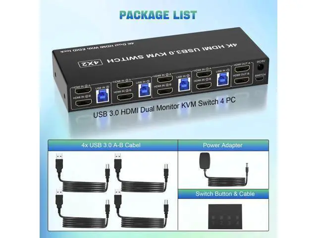 Alt view image 5 of 7 - 4 Port Dual Monitor HDMI KVM Switch 4K@60Hz EDID Adaptive, 4 PCs Share 2 Screens, 3 USB 3.0 & Audio Mic Port