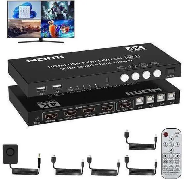 Main image of 4 Port 4 In 1 Out HDMI KVM Switch & Quad Multi-Viewer 4K@30Hz, Seamless 4 PC to Single Monitor Switcher with Hotkey, Front Button & IR Remote Control