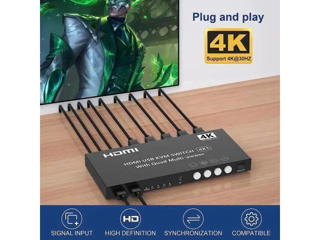 Alt view image 5 of 7 - 4 Port 4 In 1 Out HDMI KVM Switch & Quad Multi-Viewer 4K@30Hz, Seamless 4 PC to Single Monitor Switcher with Hotkey, Front Button & IR Remote Control
