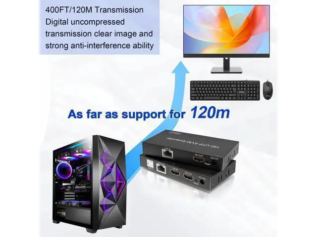 Alt view image 3 of 7 - HDMI KVM Extender Over TCP/IP Cat5e/Cat6/Cat6a/Cat7 Up to 60M/200FT, 1080P@60Hz, 2 USB2.0 Ports, Zero Latency, Cross-Platform Plug & Play
