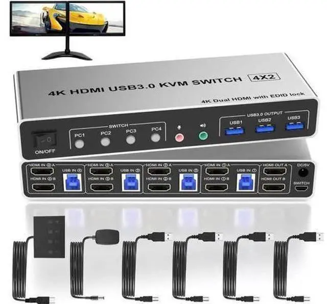 Main image of 4 Port 4-In-2-Out Dual Monitor HDMI USB3.0 KVM Switch 4K@60Hz, EDID Emulation, Audio & Mic, 3 USB3.0 Ports for 4 PCs 2 Monitors