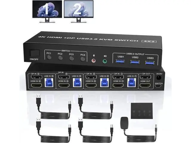Main image of 4-Port Hybrid DP+HDMI Dual Monitor USB3.0 KVM Switch 4K@60Hz, 4 PCs Share 2 Displays, Built-in Audio, Mic & 3 USB3.0 Ports
