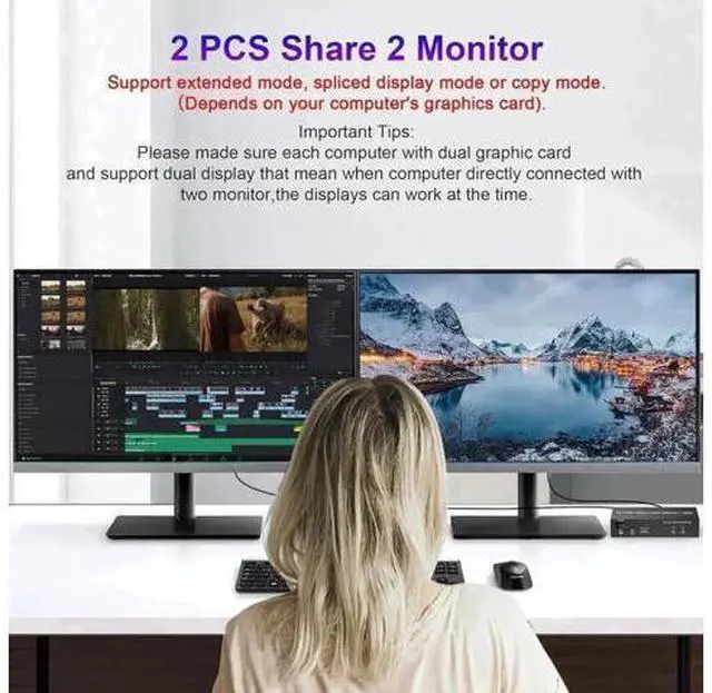 Alt view image 4 of 7 - 2 Port Dual HDMI USB 3.0 KVM Switch, 4K@60Hz KVM Switcher with Audio & Mic, 3 USB 3.0 Ports for 2 PCs Share 2 Monitors Keyboard Mouse, Support Extended Display