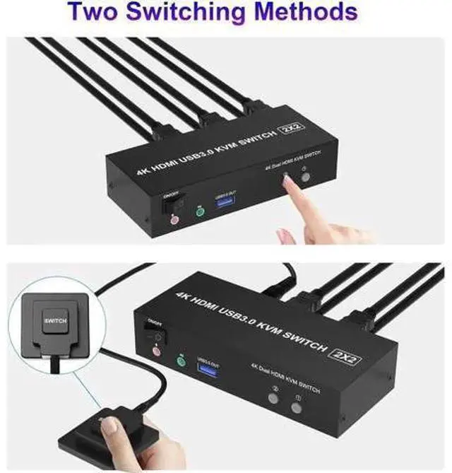Alt view image 6 of 7 - 2 Port Dual HDMI USB 3.0 KVM Switch, 4K@60Hz KVM Switcher with Audio & Mic, 3 USB 3.0 Ports for 2 PCs Share 2 Monitors Keyboard Mouse, Support Extended Display
