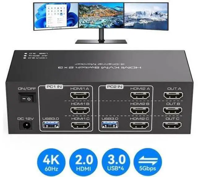Main image of 2-Port Triple HDMI KVM Switch, 8K@60Hz 4K@60Hz, 4 USB3.0 Ports