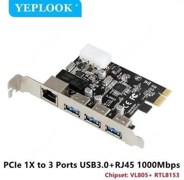Main image of PCIe x1 Combo Expansion Card, 3-Port USB3.0 + Gigabit RJ45 LAN Adapter with 4Pin Power Connector for Desktop PC