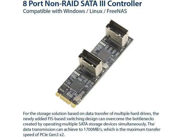 Alt view image 4 of 5 - 8 Port SATA III 6Gbps to M.2 B+M Key PCIe 3.0 x2 Adapter Card, Non-RAID SATA Expansion Board for M.2 B/M Slot Storage Extension