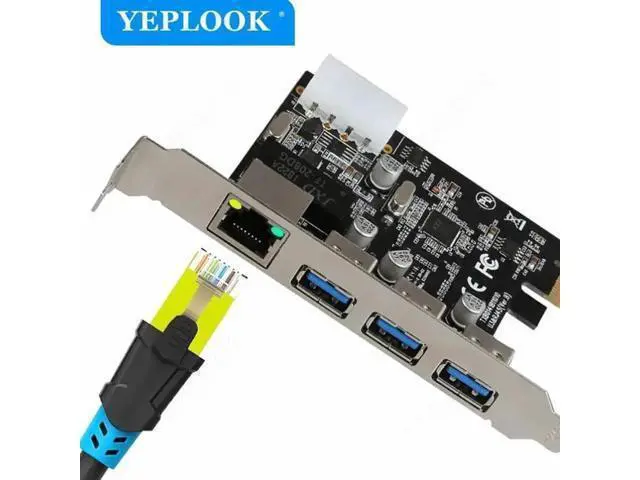 Alt view image 5 of 5 - PCIe x1 Combo Expansion Card, 3-Port USB3.0 + Gigabit RJ45 LAN Adapter with 4Pin Power Connector for Desktop PC