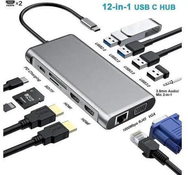 Main image of 12-in-1 USB-C Triple Monitor Docking Station, Dual HDMI + VGA Multiport Hub with 2×USB3.0, 3×USB2.0, SD/TF Card Reader, Gigabit Ethernet, 100W PD Charging & 3.5mm Audio Jack for MacBook Dell HP Lenovo