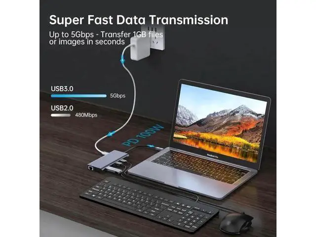 Alt view image 3 of 7 - 12-in-1 USB-C Triple Monitor Docking Station, Dual HDMI + VGA Multiport Hub with 2×USB3.0, 3×USB2.0, SD/TF Card Reader, Gigabit Ethernet, 100W PD Charging & 3.5mm Audio Jack for MacBook Dell HP Lenovo