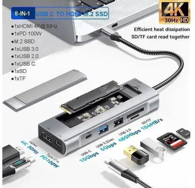 Main image of 8 in 1 USB C Docking Station with M.2 NVMe/SATA SSD Enclosure, 4K HDMI, 10Gbps USB-C, 100W PD Charging, USB 3.2 & USB-A, SD TF Card Reader for Type-C Laptops