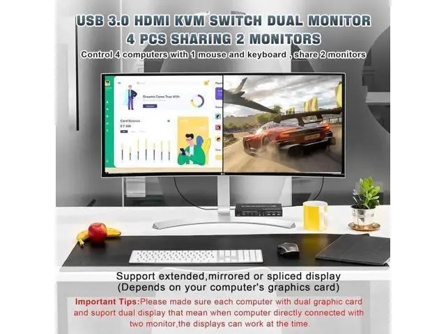 Alt view image 2 of 7 - 4-Port Dual HDMI KVM Switch 4K@60Hz, USB3.0, EDID Emulation, Audio & Mic, 3 USB Ports