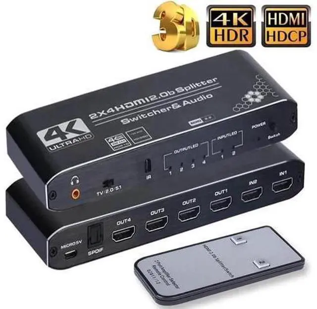 Main image of 2×4 HDMI 2.0b Matrix Switch with Audio Extractor & IR Remote, 4K@60Hz HDR RGB4:4:4 Video Splitter, SPDIF Optical + 3.5mm Stereo Audio Output HDCP2.2