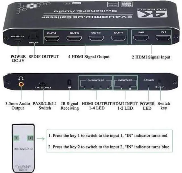 Alt view image 3 of 7 - 2×4 HDMI 2.0b Matrix Switch with Audio Extractor & IR Remote, 4K@60Hz HDR RGB4:4:4 Video Splitter, SPDIF Optical + 3.5mm Stereo Audio Output HDCP2.2