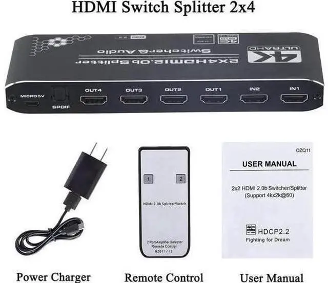 Alt view image 5 of 7 - 2×4 HDMI 2.0b Matrix Switch with Audio Extractor & IR Remote, 4K@60Hz HDR RGB4:4:4 Video Splitter, SPDIF Optical + 3.5mm Stereo Audio Output HDCP2.2