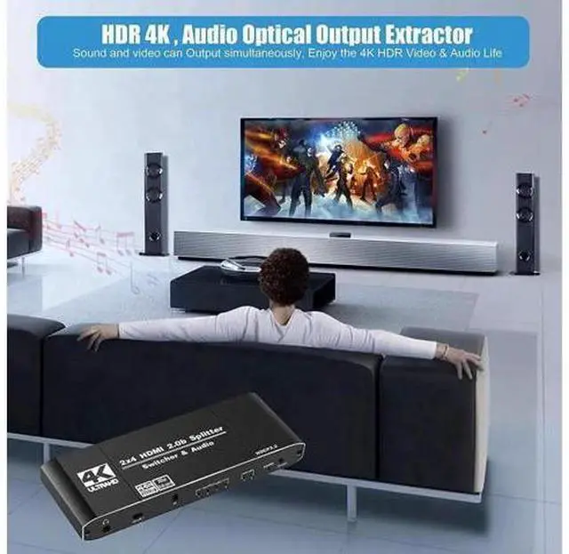 Alt view image 7 of 7 - 2×4 HDMI 2.0b Matrix Switch with Audio Extractor & IR Remote, 4K@60Hz HDR RGB4:4:4 Video Splitter, SPDIF Optical + 3.5mm Stereo Audio Output HDCP2.2