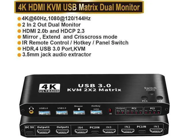 Main image of 2 In 2 Out HDMI Matrix KVM Switch 4K@60Hz, USB 3.0 Dual Monitor KVM Switcher for 2 Computers Share 2 Monitors Keyboard Mouse Printer, Compatible with Mac Windows