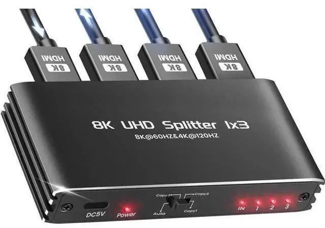 Main image of Powered 1 in 3 Out HDMI 2.1 Splitter 1x3 Mirror Duplicate Adapter 8K@60Hz 4K@120Hz Single Source to Three Identical Displays
