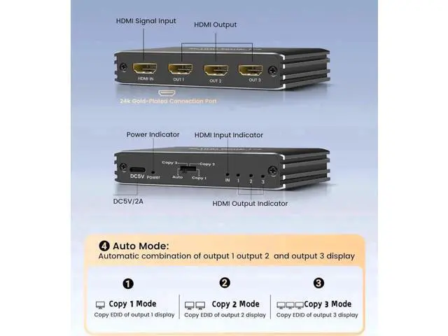 Alt view image 3 of 7 - Powered 1 in 3 Out HDMI 2.1 Splitter 1x3 Mirror Duplicate Adapter 8K@60Hz 4K@120Hz Single Source to Three Identical Displays