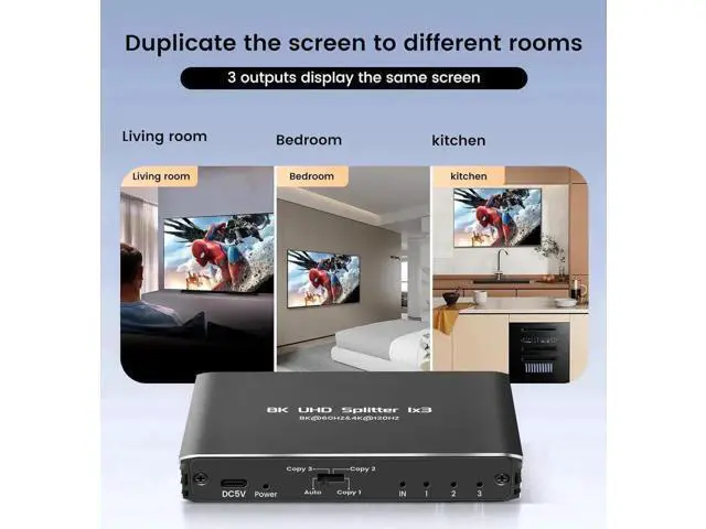 Alt view image 4 of 7 - Powered 1 in 3 Out HDMI 2.1 Splitter 1x3 Mirror Duplicate Adapter 8K@60Hz 4K@120Hz Single Source to Three Identical Displays