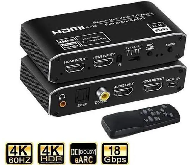 Main image of 2 in 1 Out HDMI Switch with Audio Extractor, 4K@60Hz HDMI Video Audio Separator Adapter, Output HDMI + Optical SPDIF + Coaxial + 3.5mm AUX, Compatible with PS4, Xbox, TV