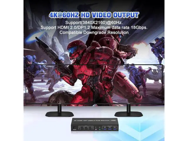 Alt view image 7 of 7 - 4 Port Dual Monitor DP+HDMI Hybrid KVM Switch 4K@60Hz USB 3.0, Audio & Mic Jack, 3 USB 3.0 Ports for 4 PCs Share 2 Displays, Keyboard & Headsets