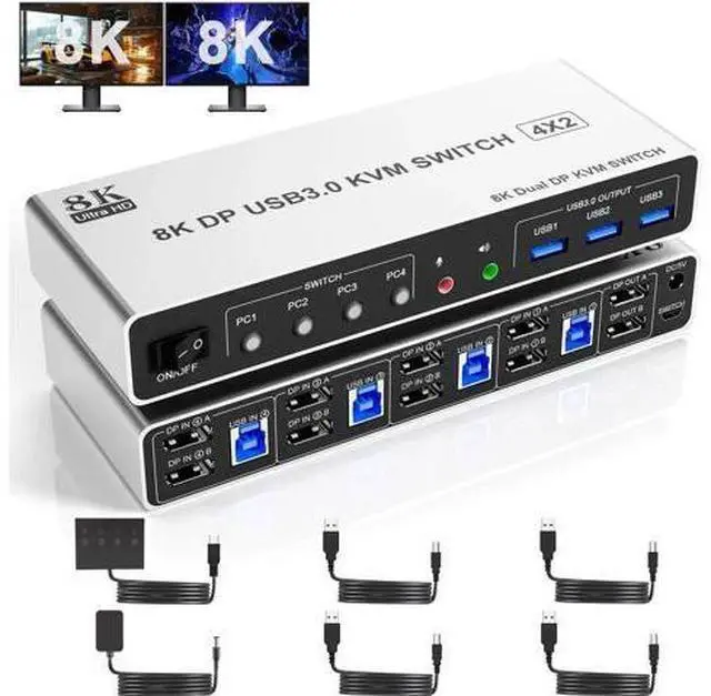 Main image of 4-Port DP1.4 Dual Monitor USB3.0 KVM Switch 8K@60Hz, With Audio & Mic, 3 USB3.0 Ports for 4 PCs