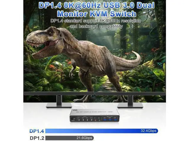 Alt view image 3 of 7 - 4-Port DP1.4 Dual Monitor USB3.0 KVM Switch 8K@60Hz, With Audio & Mic, 3 USB3.0 Ports for 4 PCs
