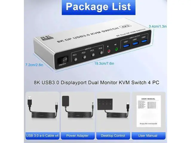 Alt view image 6 of 7 - 4-Port DP1.4 Dual Monitor USB3.0 KVM Switch 8K@60Hz, With Audio & Mic, 3 USB3.0 Ports for 4 PCs