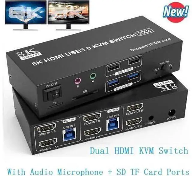Main image of 2 Port Dual Monitor HDMI KVM Switch 2 In 2 Out, 8K@60Hz 4K@120Hz USB3.0 KVM Switcher with Audio Mic, SD & TF Card Slots for 2 PCs Share 2 Monitors and 4 USB Devices